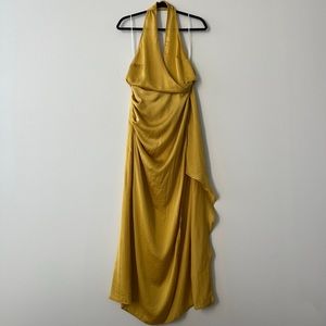 MUSTARD HAMMERED SATIN HALTER NECK SLIT DRESS | PLT
